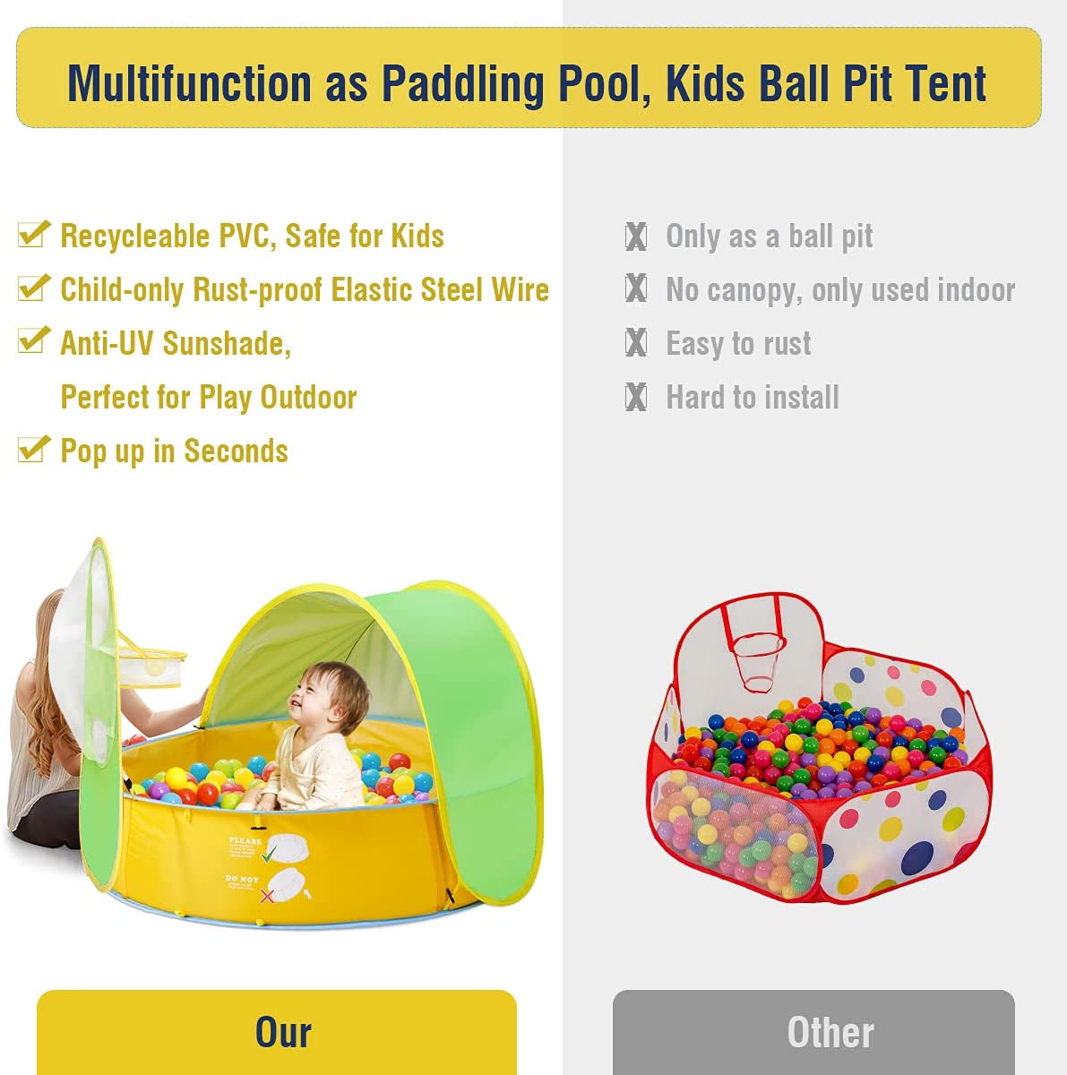 Pira 4-in-1 Pop Up Tent and Paddling Pool / Ball Pit with UV Protective Sunshade and Ball Hoop